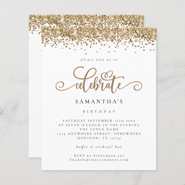 Budget Gold Glitter Celebrate Birthday Invite (Front/Back)