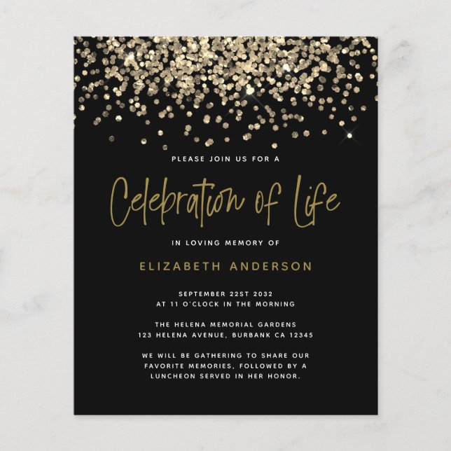 BUDGET Gold Glitter Celebration of Life Invitation (Front)