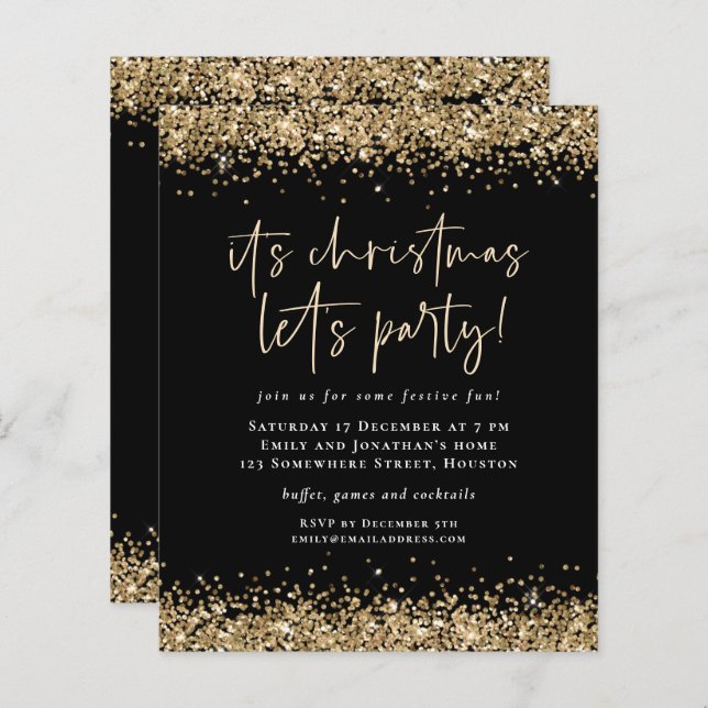 Budget Gold Glitter Christmas Lets Party Black (Front/Back)