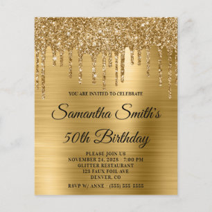 Budget Gold Glitter Drip 50th Birthday Invite