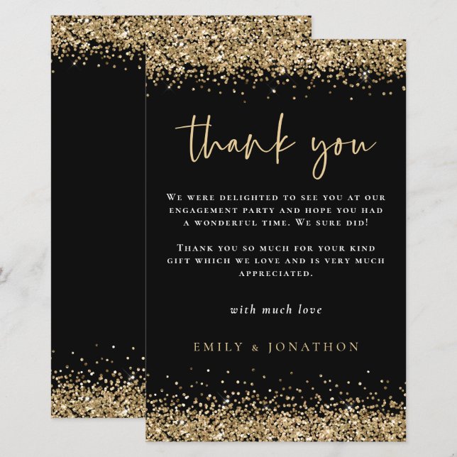 Budget Gold Glitter Engagement Black Thank You (Front/Back)
