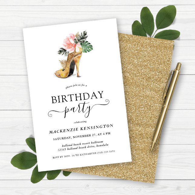Budget Gold Glitter Floral Heels Birthday Party (Budget Gold Glitter Floral High Heels Birthday Party Invitation)