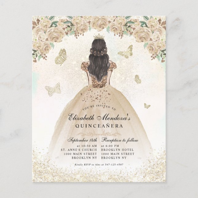 Budget Gold Glitter Floral Princess Quinceañera (Front)