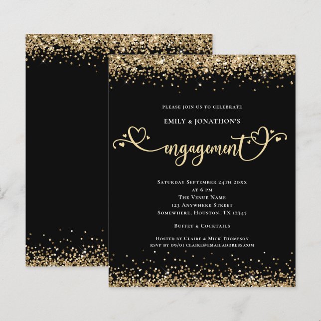Budget Gold Glitter Heart Script Engagement Black (Front/Back)