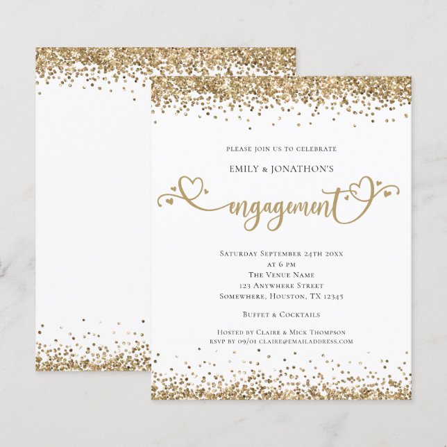 Budget Gold Glitter Heart Script Engagement Invite (Front/Back)