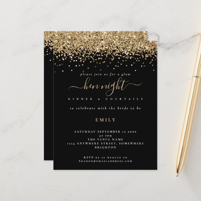 Budget Gold Glitter Hen Night Black Invitation (Front/Back In Situ)