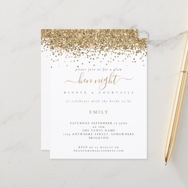 Budget Gold Glitter Hen Night Invitation (Front/Back In Situ)