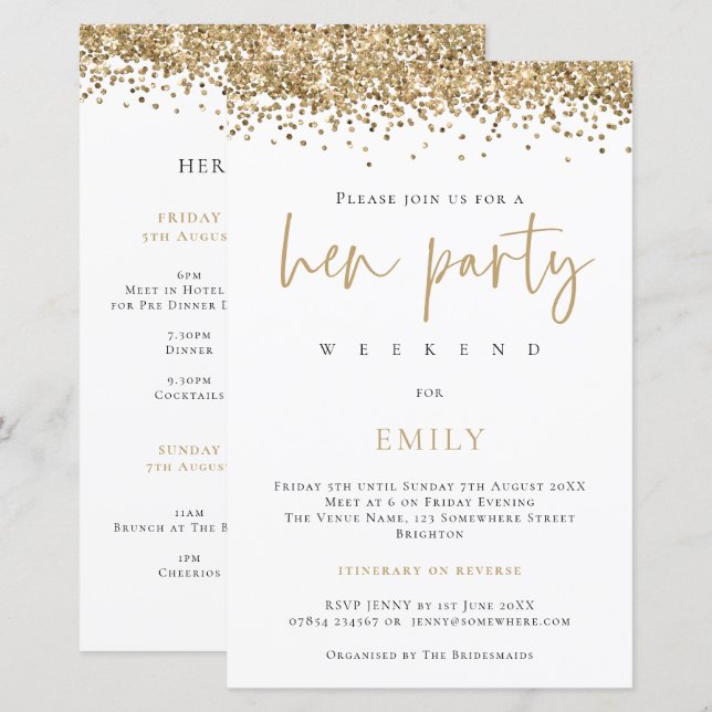 Budget Gold Glitter Hen Party Weekend Invite (Front/Back)