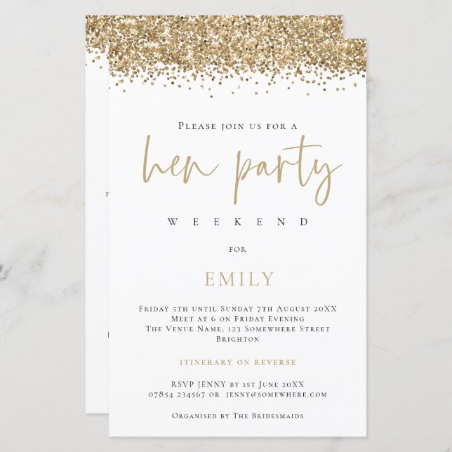 Budget Gold Glitter Hen Party Weekend White Invite (Front/Back)