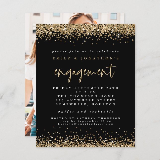 Budget Gold Glitter Photo Engagement Black Invite (Front/Back)
