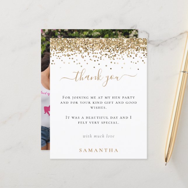 Budget Gold Glitter Photo Hen Party Thank You (Front/Back In Situ)