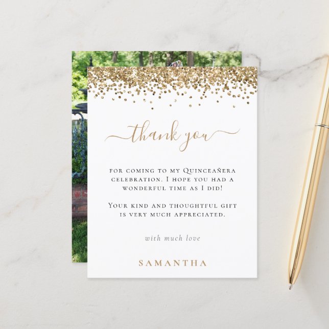 Budget Gold Glitter Photo Quinceanera Thank You (Front/Back In Situ)