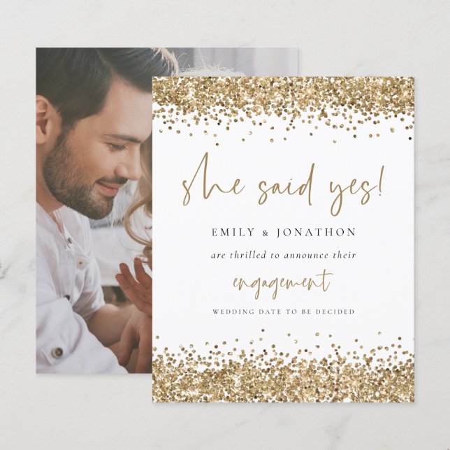 Budget Gold Glitter Photo She Said Yes Engagement (Front/Back)