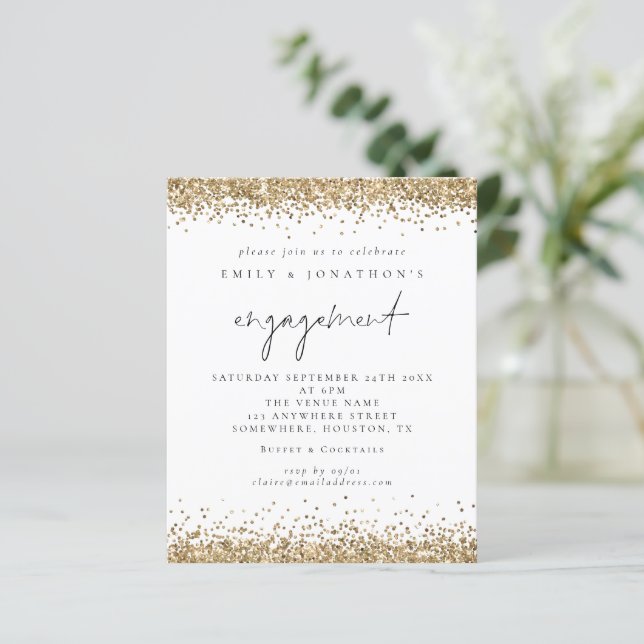 Budget Gold Glitter Script Engagement Invitation (Standing Front)