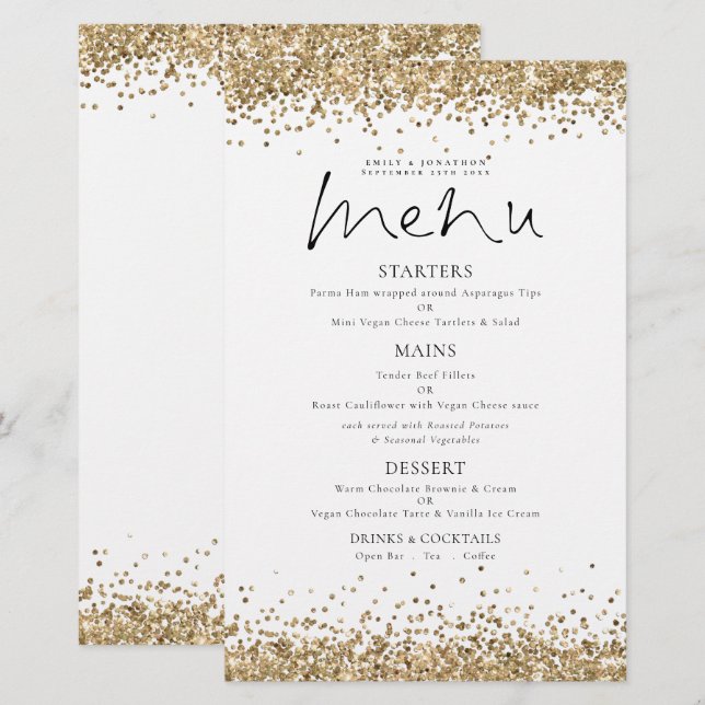 Budget Gold Glitter Script Wedding Menu (Front/Back)