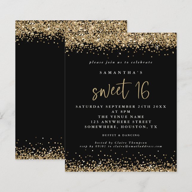 Budget Gold Glitter Sweet 16 Black Birthday (Front/Back)
