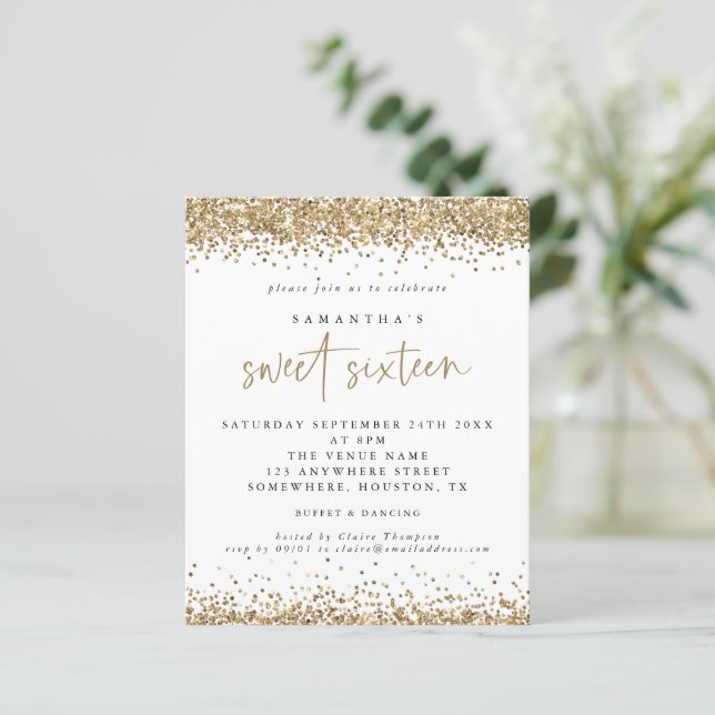 Budget Gold Glitter Sweet Sixteen Party Invitation (Standing Front)