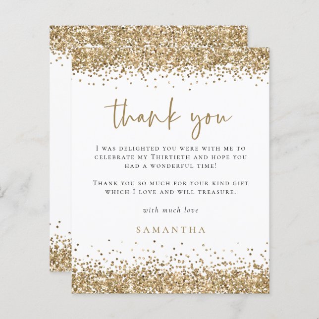 Budget Gold Glitter Thirtieth Birthday Thank You (Front/Back)