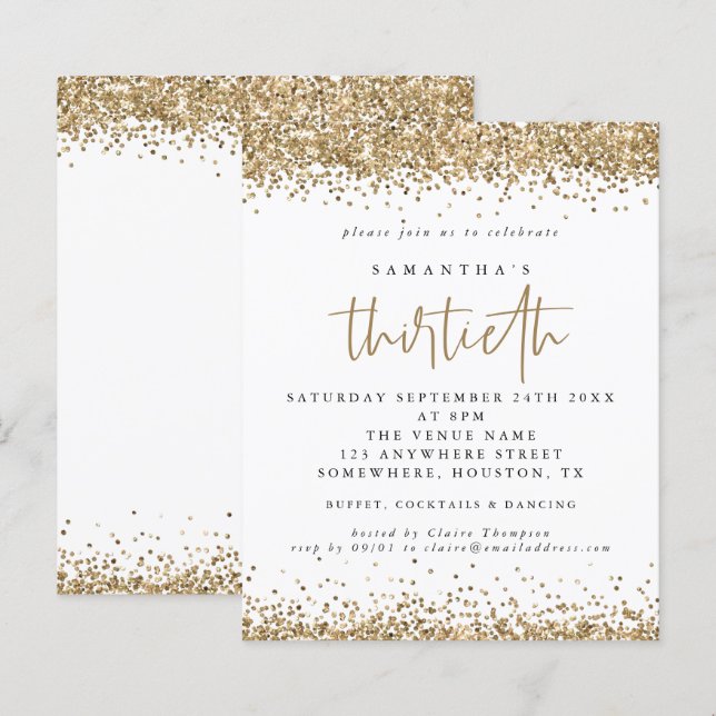 Budget Gold Glitter Thirtieth Party Invitation (Front/Back)