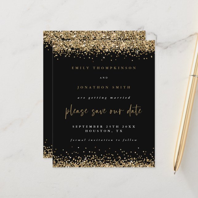 Budget Gold Glitter Wedding Black Save The Date (Front/Back In Situ)