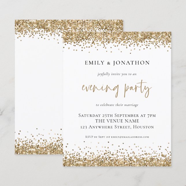 BUDGET Gold Glitter Wedding Evening Party Invite (Front/Back)