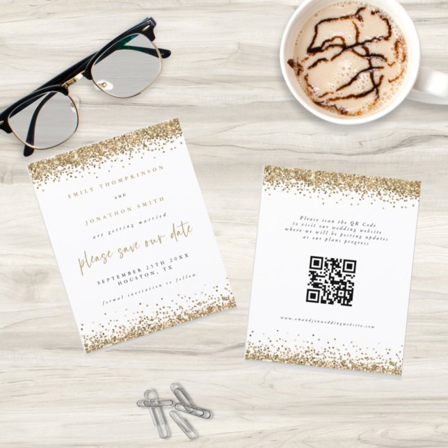Budget Gold Glitter Wedding QR Code Save The Date (Creator Uploaded)