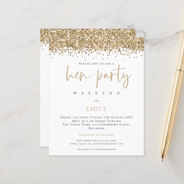 Budget Gold Glitter Weekend Hen Party Invite (Front/Back In Situ)