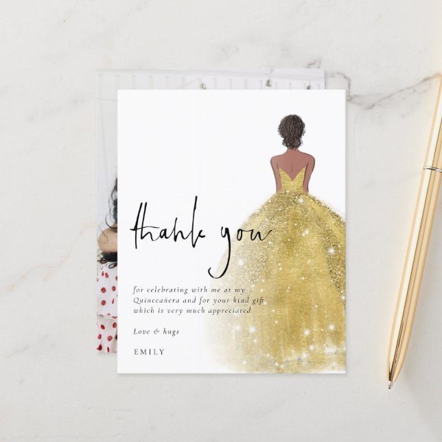 Budget Gold Gown Photo Quinceañera Thank You (Front/Back In Situ)