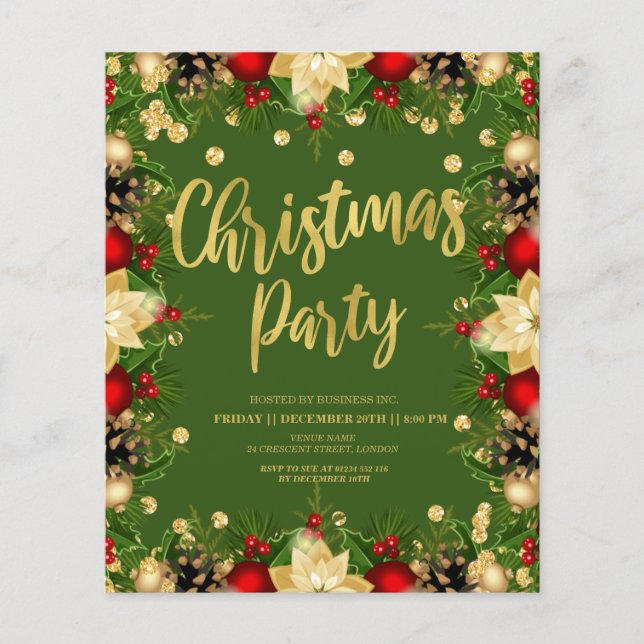 Budget Gold Green Christmas Corporate Invite Flyer (Front)