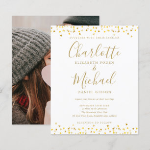 Budget Gold Hearts Confetti Photo Wedding Invite