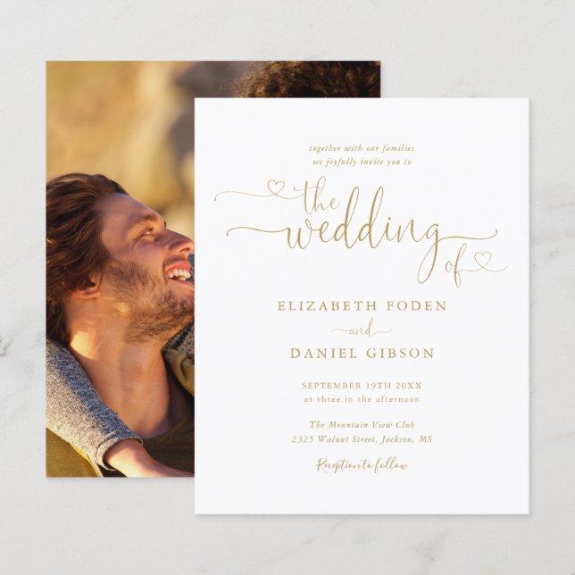 Budget Gold Hearts Script Photo Wedding Invitation (Front/Back)