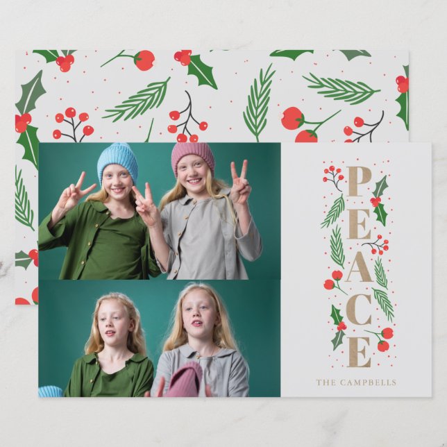Budget Gold Holly Berry Peace Photo Holiday Card (Front/Back)