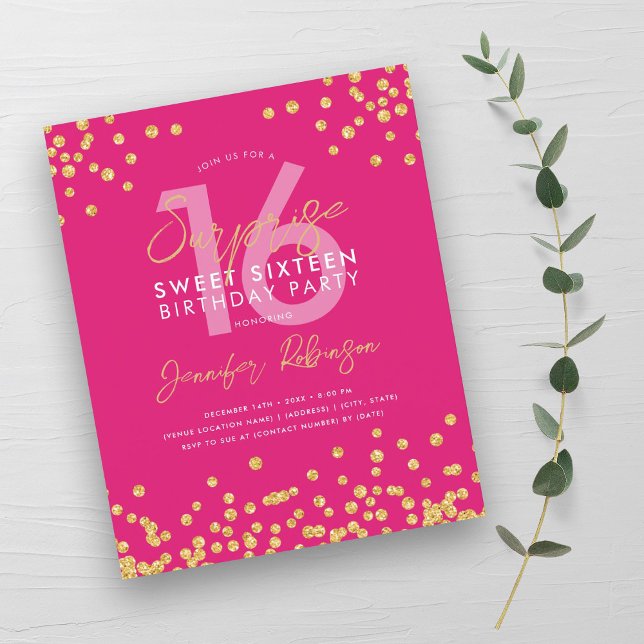Budget Gold Hot Pink Confetti Surprise Sweet 16  (Budget Gold Hot Pink Confetti Surprise Sweet 16 )