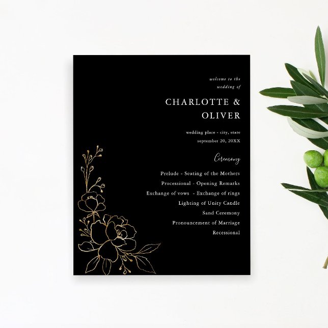 Budget Gold Lined Floral Wedding Ceremony - Black Flyer (Creator Uploaded)