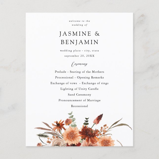 Budget Gold Lined Floral Wedding Ceremony Flyer (Front)