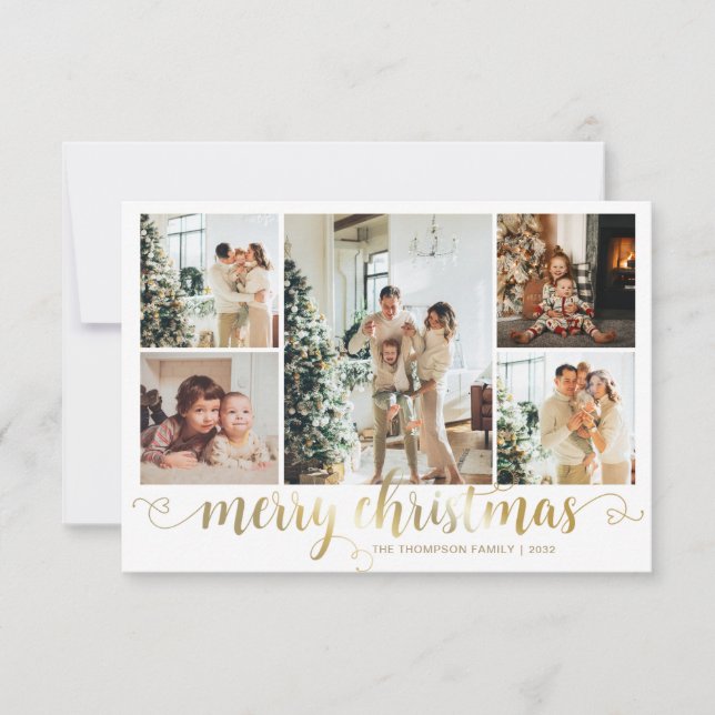 BUDGET Gold Merry Christmas Heart Script 5 Photo Card (Front)