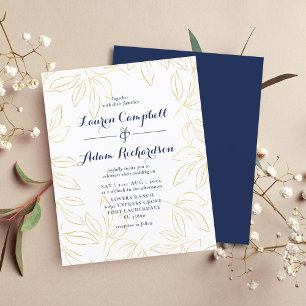 Budget Gold & Navy Foliage Wedding Invitation