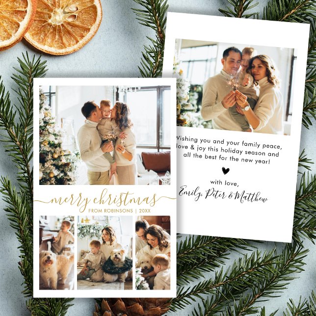 Budget Gold Script 4 Photo Collage Christmas Card (Creator Uploaded)