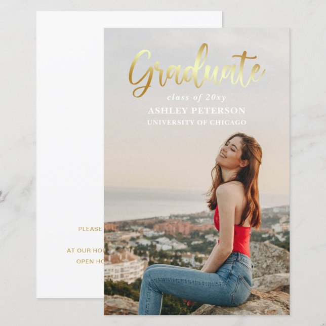 Budget Gold Script Photo Graduation Announcement  (Front/Back)