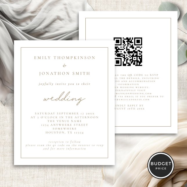  Budget Gold Script QR Code Wedding Invitation (Front and back view)