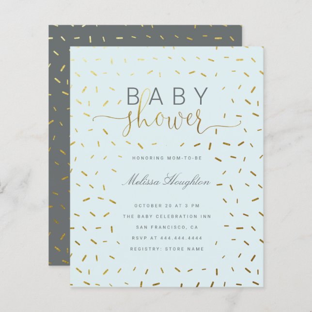 Budget Gold Sprinkle Confetti Script Baby Shower (Front/Back)