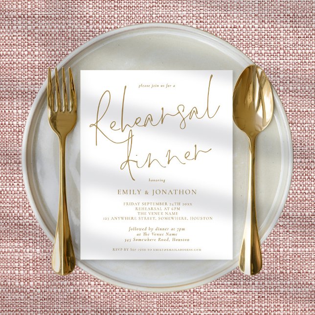 Budget Gold Text Wedding Rehearsal Dinner Invite (Budget price smaller 4.5 x 5.6" invitation part of a matching wedding suite)
