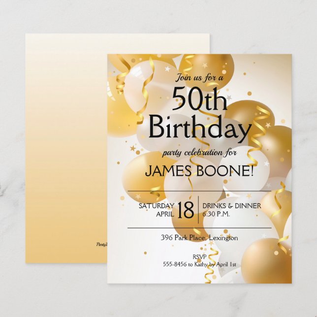Budget Gold White Balloons Birthday Invitations (Front/Back)