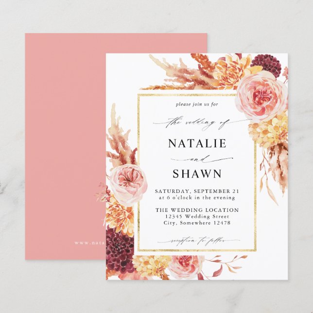Budget Golden Burgundy Blush Pink Floral Wedding P (Front/Back)