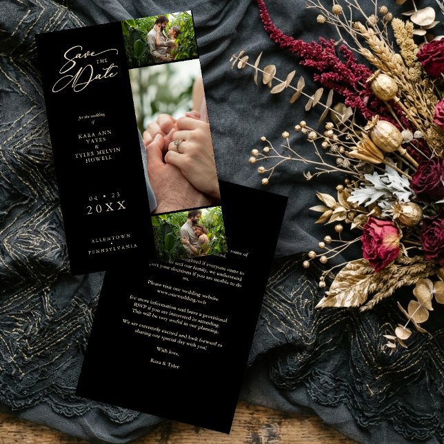 Budget Golden Effect Black Fancy Collage 3 Photos (Inexpensive Cheap Golden Effect Black Fancy Collage 3 Photos Couple Wedding Engaged Save the Date.)