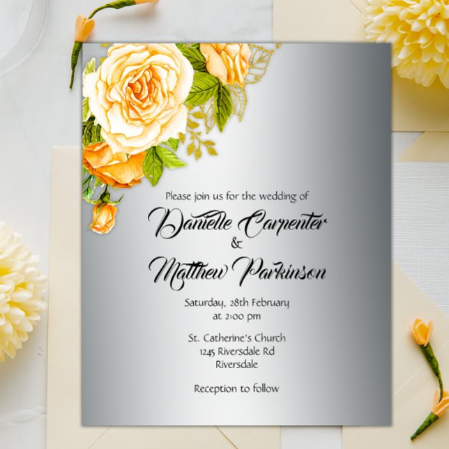 Budget Golden Roses on Silver Wedding Invitation Flyer (Creator Uploaded)