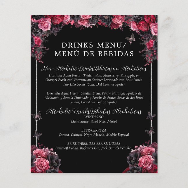 Budget Gothic Floral Bilingual Quinceañera Menu (Back)