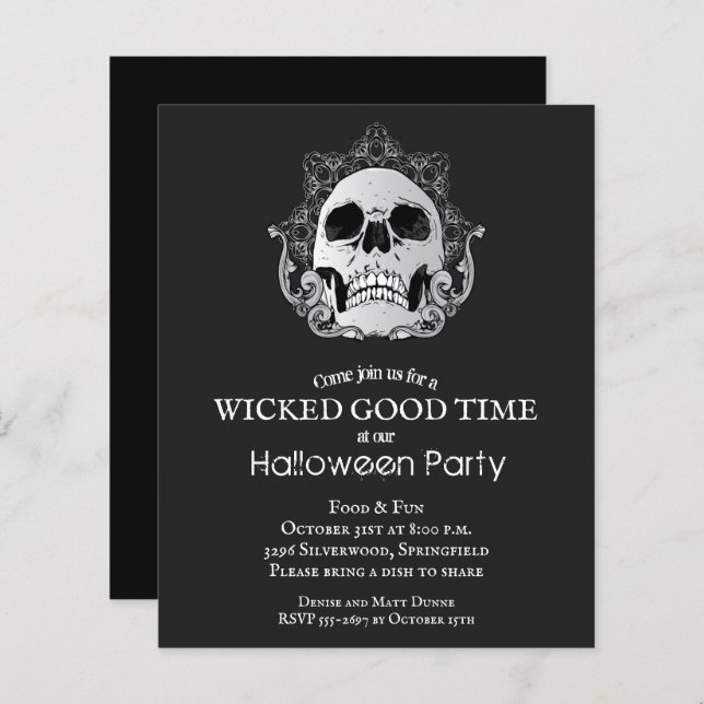 Budget Gothic Skull Halloween Party Invitation (Front/Back)