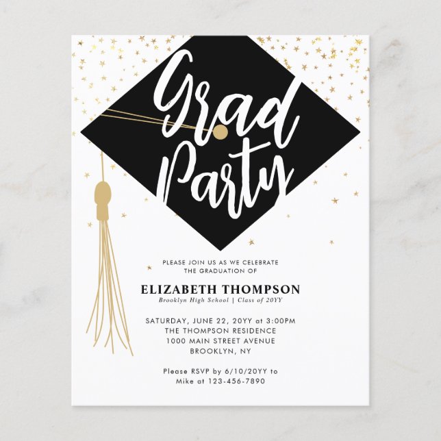 Budget GRAD Cap Black Gold Graduation Party Invite (Front)