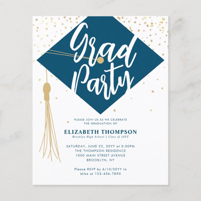 Budget GRAD Cap Blue Gold Graduation Party Invite (Front)
